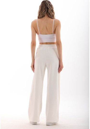 Kallima Ekru Beyaz Tasarım Cepli Şeritli Üç İplik Eşofman Altı Beyaz