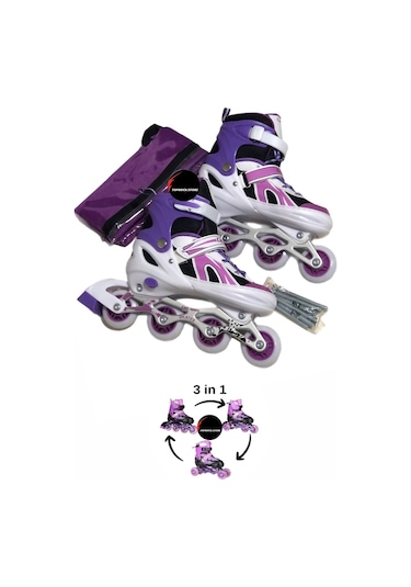 Işıklı Çocuk Pateni Silikon Ayarlanabilir Teker Metal Gövde Numaralı Çantalı 3 In 1 Mor