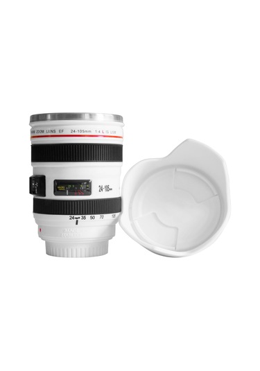 Moveevo Kamera Lens Tasarımlı Paslanmaz Çelik Termos Bardak, 400ml, Damlacık Önleyici, Fotoğraf Severler İçin, Beyaz Beyaz