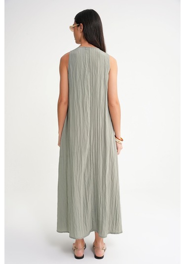 4700 Kadın V Yaka Önü Pileli Elbise Çağla Çağla Yeşili