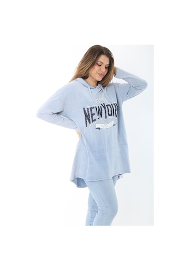 Kadın Büyük Beden Mavi Payet Detaylı Arkası Uzun Kapşonlu Sweatshirt 65n37463 - Mavi