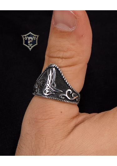 Prestij Gümüş 925 Ayar Gümüş Erkek Baş Parmak Zihgir Tuğralı Motifli Yüzük