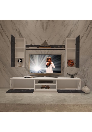 Decoraktiv Eko 5db Mdf Dvd Tv Ünitesi Tv Sehpası Beyaz - Siyah Mermer