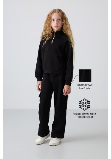 Tommy Life Siyah Pamuklu İçi Tüylü Yumuşak Dokulu Standart Fit Nakışlı Kız Çocuk Eşofman Takım - 75159 Siyah