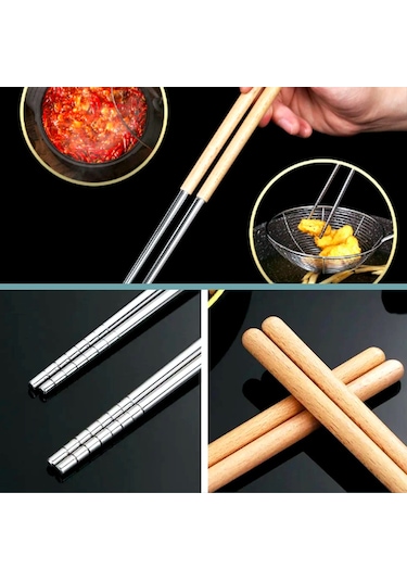 Omeniv Extra Uzun Ahşap-metal Chopstick Servis Kızartma Maşası