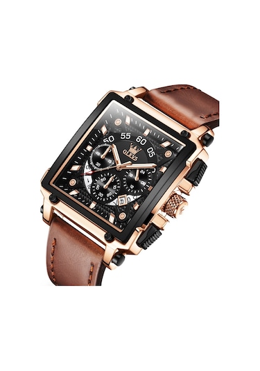 Olevs 9919 Erkekler İçin Kare Kadranlı Kronograf Aydınlık Kuvars Saat Kahverengi Deri Gül Kabuğu Siyah Yüzey