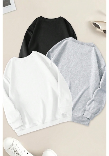 Modagen Unisex 3'lü Siyah Beyaz Gri Bisiklet Yaka Oversize Sweatshirt Siyah Beyaz Gri