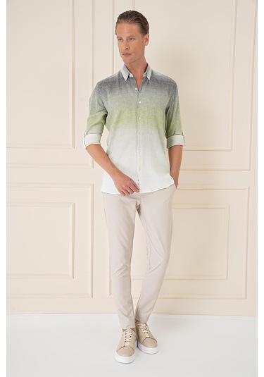 Comfort Fit Apoletli Degrade Desen Esnek Pamuk Yeşil Gömlek G 1575 Yeşil