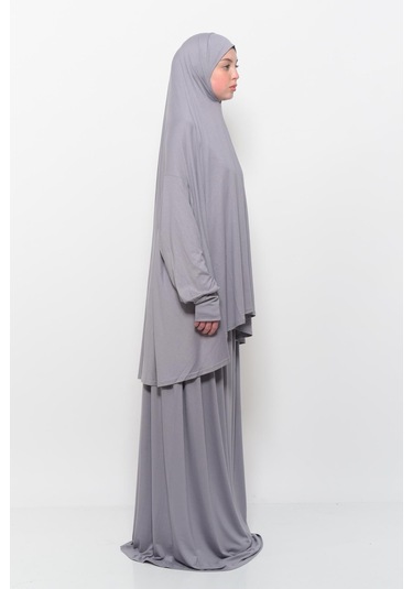 Pratik 2 Parça Pamuklu Yarasa Kollu Başörtülü Tesettür Namaz Elbisesi Gri Antrasit