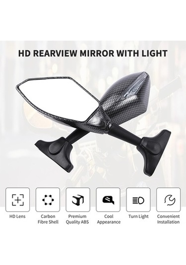 Pazly Genel Motosiklet Yan Aynaları - Led Aydınlatmalı, Karbon Desenli, Düz Ayna, Abs Malzeme