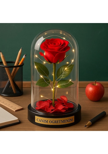 Sevgiliye Eşe Öğretmenler Gününe Anlam Katan Özel Fanusta Led Işıklı Canım Öğretmenim Hediye Biblosu Çok Renkli