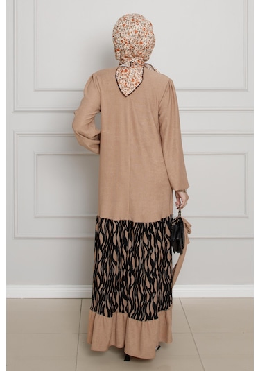 Eteği Desenli Karin Elbise-vizon-4268-vizon Vizon