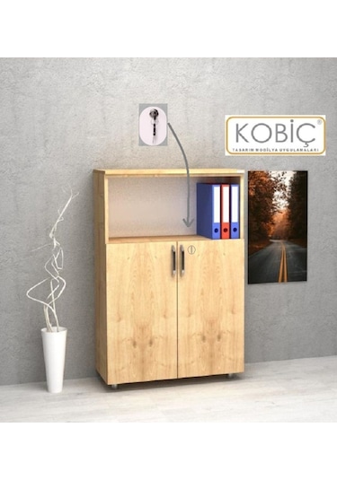 Kobiç Ofis Dosya Dolabı Kilitli Yarım Kapak Suntalam Dolap 70x35x115 Cm Meşe Meşe