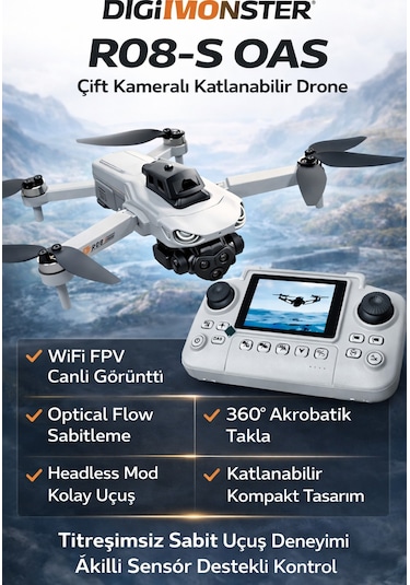R08-s Oas Çift Kameralı Katlanabilir Drone Wifi Fpv Canlı Görüntü