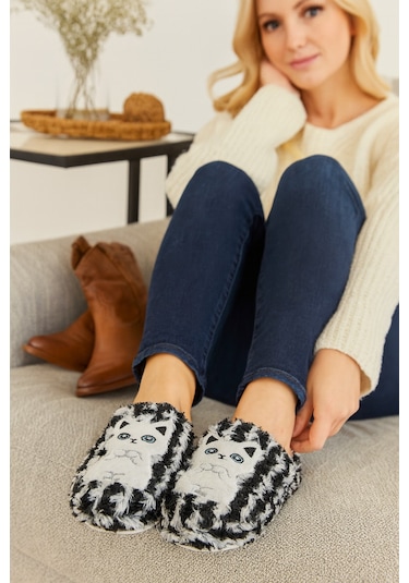 Kıty Cat Kedili Kapalı Kadın Ev Terliği Kışlık Terlik Siyah
