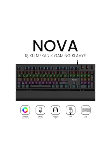 Nova Mk104 Rainbow Bilek Destekli Türkçe Fullanti-ghosting Mekanik Oyuncu Klavyesi Siyah Blue Switch