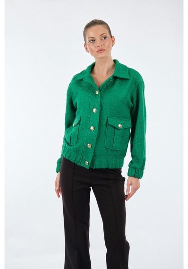 Unique Mode Düz Yaka Cepli Düğmeli Uzun Kollu Kadın Ceket U Yeşil