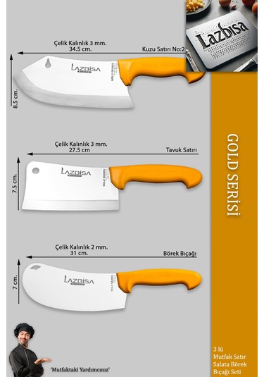 Lazbisa Mft-002 Gold Serisi Pide Börek Mutfak Bıçağı Salata Pizza Bıçak Kıyma Et Satırı Doğrama 3 Lü Set Sarı