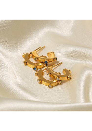 Ins İnternet Ünlü Abartılı Tasarım 18k Altın Paslanmaz Çelik Renkli Elmaslarla Kakmalı C Şeklinde Küpeler Popüler Titanyum Çelik Küpeler Diğer