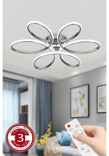 Ransom 3 Renk Kumandalı Plafonyer Led Avize Krom Büyük Salon Papatya Led