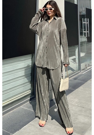 Kadın Haki Uzun Tunik Gömlek & Beli Lastikli, Bol Paça Pantolon - Salaş Bürümcük Takım Haki