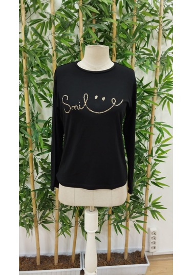 Nnstartshopping Kadın Uzun Kollu Bisiklet Yaka Gülümseyen Surat Desenli Viskon Bluz Siyah