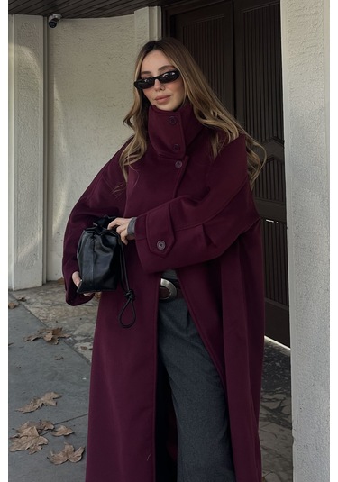 Bordo Vittoria Düğmeli Yaka Kaban - 2511 Bordo