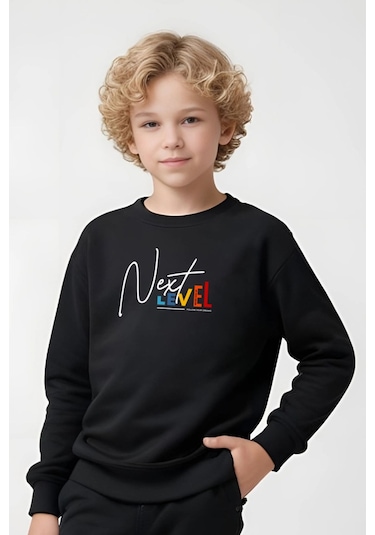 Erkek Çocuk Bisiklet Yaka Next Level Baskılı Eşofman Takımı Siyah
