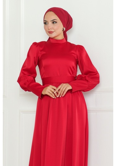 Kuşaklı Saten Abiye 1136 - Kırmızı