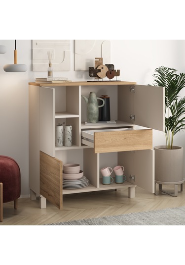 Robin Home Urban Çok Amaçlı Dolap Ahşap Ayaklı 4 Kapaklı Çekmeceli Kumsal-sepet Bej
