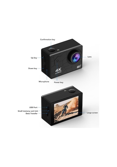 Motorsiklet,kurye İçin Aksiyon Kamerası 2 İnç Hd Ekran Suya Karşı Dayanıklı 170 Derece Geniç Açılı Siyah