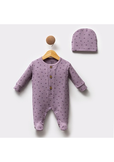 Bellamio Kids Mini Çiçek Desenli Şapkalı Kız Bebek Tulum Seti Mor