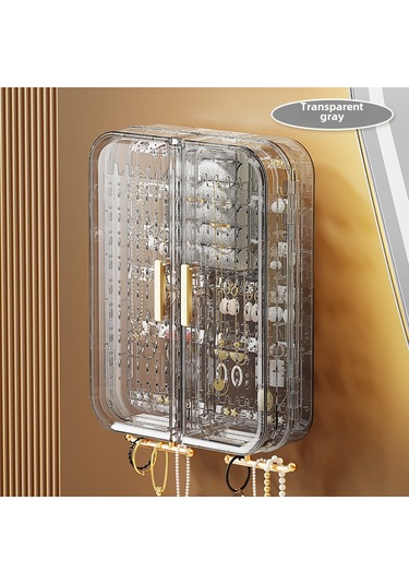 Siyah Ve Gri Duvara Monte Küpe Ve Kolye Saklama Rafı, Şeffaf Plastik A