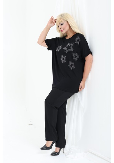 Yıldız Tasarım Taş Detaylı Bambu Yarasa Kol Bluz M-6xl Siyah