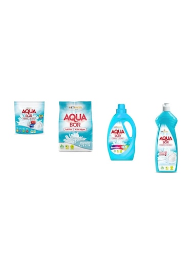 Aquabor Doğal Mineralli Tablet + 4 Kg Beyaz + Sıvı Renkliler + Elde Bulaşık 4 Lü Set