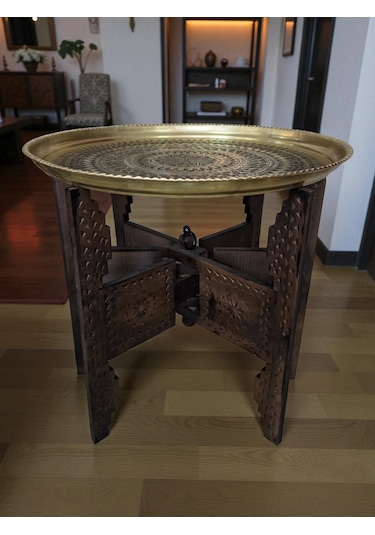 52 Cm El İşlemeli Otantik Desenli Kalın Urfa Pirinç Tepsi - Pirinç-tps453 Antik Bakır