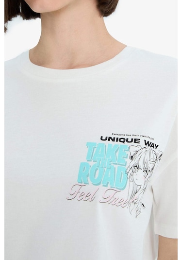 DeFacto Coool Oversize Geniş Kalıp Bisiklet Yaka Baskılı Kısa Kollu Tişört F2241AX25SMWT32