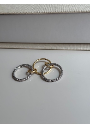 Zirkon Taşlı Üçlü Halka Çelik Yüzük Gold Altın