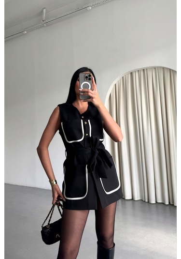 Modasize Büyük Cep Biye Detaylıyelek - Siyah Siyah