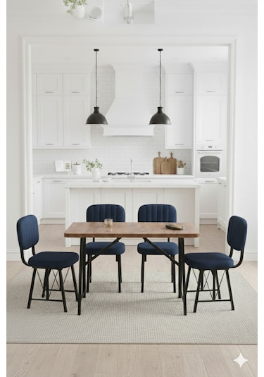 Elfin 70x110cm Sabit Atllantik Yemek Masası, Yemek Masası Takımı, Mutfak Masası, 4 Lacivert Sandalye Lacivert