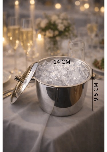 Kapaklı Termoslu Buz Kovası - Kulplu Paslanmaz Çelik Ice Bucket Gri