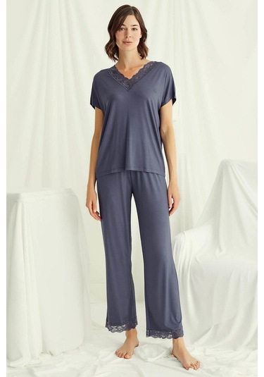 Monamise 18484 Kadın V Yaka Kısa Kollu Pijama Takımı-lacivert Lacivert