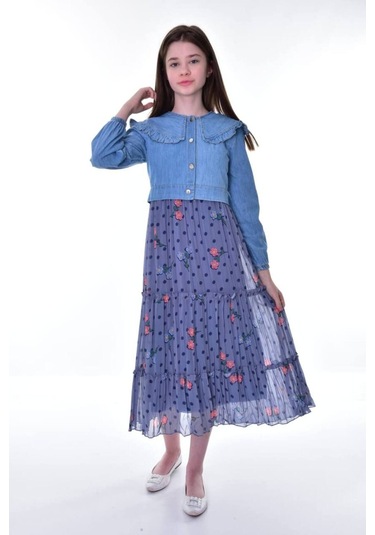 Kız Çocuk Kot Bolerolu Astarlı Şifon Uzun Çiçekli Elbise Koyu Mavi