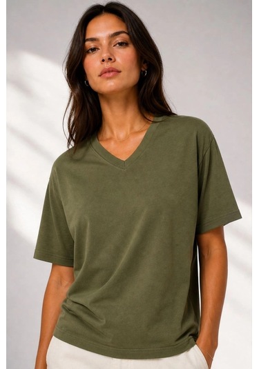 Alfanora Kadın V Yaka Basic Tişört Kısa Kol Yazlık Regular Fit T-shirt - Haki
