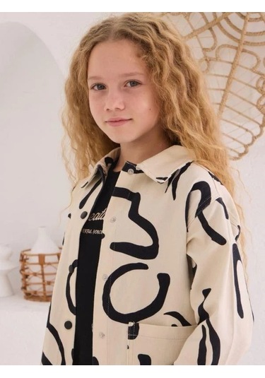 Kız Çocuk Desenli Kot Ceket İçi Tshirt Takım-15505 Krem