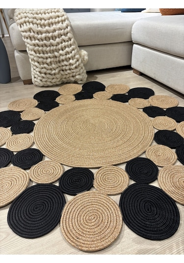 Mavaux Hasır Jüt Çiçek Desenli Kilim Halı Siyah - Hasır