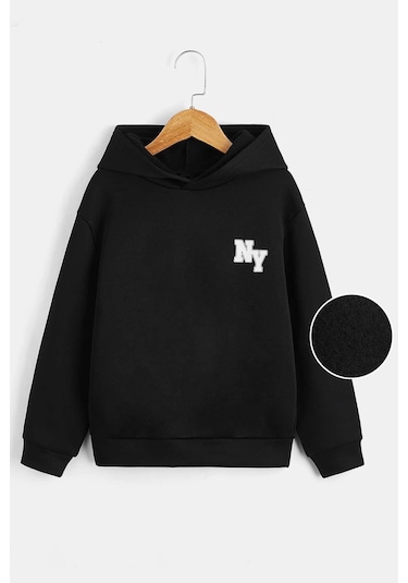 Ny Baskılı Erkek - Kız Çocuk Rahat Kalıp Sweatshirt Siyah