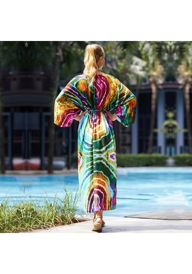 Edolynsa Yeşil Leopar Desenli Mayo Cover-up Vintage Şerit Kendinden Kemerli Kadın Yaz Uzun Kimono Elbise Plaj Bikini Cover-up Q1521 Mor