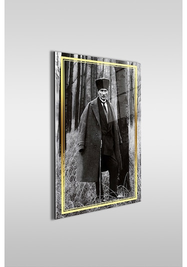 Atatürk Paltolu Siyah Beyaz 2 Dikey Cam Tablo