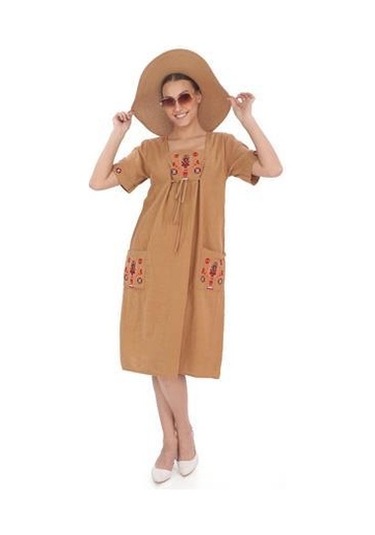 Yarım Kol Yuvarlak Yaka İşlemeli Keten Elbise-9166 Camel